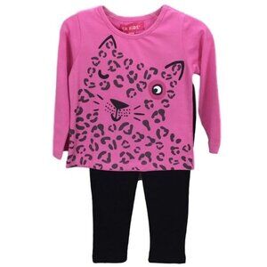 Girls 2T Pink Leopard Face Print Long Sleeve Top & Black Leggings Set